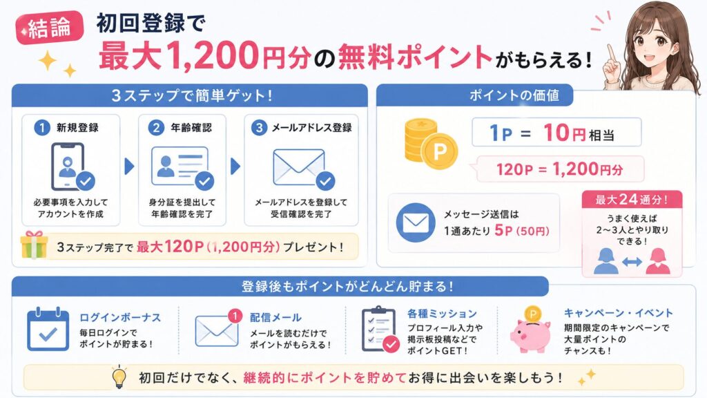 結論：初回登録で最大1,200円分の無料ポイントがもらえる