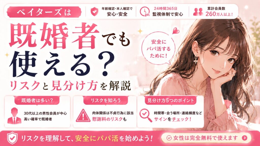 ペイターズに既婚者はいるの？ 既婚者とパパ活したら不倫になる？慰謝料を請求されたりしない？ 自分が既婚だけど、ペイターズって使えるの？ ペイターズ（paters）でパパ活を始めようとしている方の中には、既婚者に関する疑問や不安を抱えている方も多いのではないでしょうか。 恋活・婚活目的のマッチングアプリでは既婚者の利用が禁止されているのが一般的ですが、ペイターズはパパ活アプリという性質上、事情が異なります。 結論から言うと、ペイターズは既婚者でも利用可能です。ただし「使えること」と「リスクがないこと」はまったく別の話。知らずに既婚者とパパ活してしまうと、最悪の場合、相手の配偶者から慰謝料を請求されるリスクもあります。 この記事では、パパ活アプリを5つ使い比べてきた筆者が、ペイターズの既婚者利用の実態から、既婚者とパパ活する法的リスク（慰謝料）、既婚者の見分け方、さらに既婚女性（主婦）のパパ活まで、知っておくべき情報をまとめて解説していきます。 結論：ペイターズは既婚者でも利用できる（規約で禁止されていない） 結論から言うと、ペイターズは既婚者でも利用できます。利用規約に「既婚者の利用を禁止する」という条項はありません。 ペイターズはペアーズやOmiaiのような恋活・婚活アプリとは異なり、パパ活を目的としたマッチングサービスです。そのため、経済的に余裕のある既婚男性の利用を前提としたサービス設計になっています。 具体的にどのような設計かというと、まずプロフィールには結婚ステータス（既婚・未婚）を記載する欄がそもそもありません。「子供の有無」は設定できますが、婚姻状況を直接示す項目は用意されていないのが現状です。また、登録時に独身証明の提出を求められることもありません。 つまり、ペイターズは「既婚者でも使えるアプリ」というよりも、「婚姻状況を問わないアプリ」と理解した方が正確です。 ただし、既婚者の利用が「規約上OK」であることと、既婚者とのパパ活に「法的リスクがない」ことはまったく別の話です。この点について、以下で詳しく解説していきます。 ペイターズに既婚者はどのくらいいる？ 男性会員は30代以上が中心で既婚者の割合が高い ペイターズの男性会員の年齢層は、30代〜60代がメインです。パパ活アプリの性質上、経済的に余裕のある男性が集まるため、必然的に社会的地位が確立された30代以上の方が多くなります。 この年齢層になると、統計的にも既婚者の割合が高くなります。ペイターズにおける既婚者の正確な割合は公式に公表されていませんが、複数のパパ活関連メディアで「既婚者が多い」「高い確率で既婚者」と記載されています。 なぜ既婚者が多いのかというと、パパ活アプリの構造そのものに理由があります。ペイターズの男性会員は月額12,000円〜の料金を支払って利用しています。この金額を「出会いのための投資」として支払えるのは、経済的に余裕のある方に限られます。そして、30代以上で経済力のある男性は、すでに結婚していることが多いのです。 さらに、ペイターズはペアーズやOmiaiのような恋活・婚活アプリと違い、既婚者の利用を禁止していません。婚活アプリでは登録時に独身証明が求められるケースもありますが、ペイターズにはそうした仕組みがないため、既婚者が気軽に登録できる環境になっています。 女性がペイターズでパパ活をする場合、相手の男性が既婚者である可能性は十分にあるということを、事前に理解しておくことが大切です。 既婚者パパのメリット・デメリット（女性視点） 既婚者のパパ＝すべてNGというわけではありません。女性にとってのメリット・デメリットを整理しておくと、冷静に判断しやすくなります。 項目メリットデメリット経済面経済的に余裕がある人が多く、お手当が安定しやすい—関係性恋愛感情のトラブルに発展しにくい（割り切った関係を求めている）急なキャンセルが起きやすい（家庭の都合で予定が変わる）時間の自由度—会える時間帯・曜日が限られる（平日夜や休日しか空かない等）法的リスク—配偶者にバレた場合、女性側にも慰謝料が請求される可能性がある 経済面のメリットは大きい一方で、法的リスクは無視できません。特に肉体関係を伴うパパ活の場合、相手の配偶者から慰謝料を請求されるリスクがあります。 既婚者パパのメリットをもうひとつ付け加えると、恋愛感情に発展しにくいという点があります。家庭を持っている男性は「パパ活はパパ活、家庭は家庭」と割り切っていることが多く、変にのめり込んでストーカー化するリスクが独身男性より低い傾向にあります。パパ活を安全に継続するうえでは、この「割り切り」が実はかなり大きな安心材料なんです。 とはいえ、法的リスクは別の問題として存在します。この点は次のセクションで詳しく解説します。 私がパパ活してた頃は、相手が既婚かどうかはっきりわからないまま活動していたこともありました。ただ、会える時間帯が限られていたり、自宅周辺を避けたがる人はいたので、「たぶんそうなんだろうな」と感じる場面はありましたね。 既婚者とパパ活するリスク｜慰謝料は請求される？ ここからは、既婚者とパパ活をした場合の法的リスクについて解説します。 パパ活をする女性にとっては最も重要なセクションなので、しっかり読んでおいてください。 多くの女性が「パパ活は恋愛じゃないから不倫にならないでしょ？」と考えがちですが、法律上はそう単純ではありません。恋愛感情の有無は関係なく、既婚者との肉体関係は不貞行為として扱われます。 ※以下の内容は弁護士法人の公開情報に基づく一般的な情報提供であり、法的助言ではありません。具体的な法的問題については弁護士にご相談ください。 肉体関係がある場合 → 不貞行為に該当する 既婚者との性行為は、民法上の「不貞行為」に該当します。不貞行為は不法行為として扱われるため、相手の配偶者（妻）が知った場合、女性側にも慰謝料を請求される可能性があります。 慰謝料の相場は数十万円〜300万円程度とされています（参考：アディーレ法律事務所「パパ活も不倫なの？慰謝料請求されたときに役立つ知識を弁護士が解説」）。 刑事罰（逮捕や懲役）はありませんが、民事上の責任として高額な金銭を支払う義務が生じるリスクがあるということです。 仮にお手当が1回2万円だとすると、慰謝料50万円を回収するには25回分のデートが必要です。300万円なら150回分に相当します。目先のお手当と比べて、慰謝料のリスクがいかに大きいかがわかるのではないでしょうか。 食事のみの場合 → 基本的にリスクは低い 食事やお茶だけの関係であれば、不貞行為には該当しません。肉体関係がない限り、基本的に慰謝料を請求されるリスクは低いと言えます。 実際、パパ活では「食事デートのみ」で活動している女性も多く、食事だけの関係であれば法律上の問題は基本的に発生しません。食事パパ活は、既婚者とのリスクを避けるもっとも確実な方法のひとつです。 ただし、注意点がひとつあります。たとえ肉体関係がなくても、頻繁にデートを繰り返したり、メッセージで性的なやり取りをしたりすると、それ自体が「婚姻生活の平穏を害する行為」とみなされ、慰謝料請求の対象になるケースが報告されています。 たとえば、同じ相手と毎週のように食事デートを重ね、LINEで親密なやり取りを日常的にしていた場合、たとえ肉体関係がなくても「精神的不貞」として扱われる可能性がゼロではありません。 つまり、食事だけだから完全に安全というわけではなく、関係の頻度や内容によってはリスクが発生する場合もあるということです。 【独自整理】関係性別のリスク比較 既婚者とのパパ活におけるリスクを、関係性のパターン別に整理しました。 関係性のパターン不貞行為に該当するか慰謝料リスク備考食事・お茶のみ（低頻度）該当しない低い基本的に法的問題は生じにくい頻繁なデート・性的なメッセージグレーゾーン中程度「婚姻生活の平穏を害する」と判断される場合あり肉体関係あり該当する高い（数十万〜300万円）不法行為として慰謝料請求の対象 この表からわかるとおり、食事のみの関係に留めておくことが、法的リスクを避けるうえでもっとも確実な方法です。肉体関係の有無が、リスクの大きさを決定的に分けるポイントになっています。 なお、この整理はあくまで一般的な傾向であり、個別のケースによって裁判所の判断は異なります。「食事だけだから絶対安全」「肉体関係があったから必ず慰謝料」とは断言できない点は押さえておいてください。 既婚者と知らなかった場合は慰謝料が発生しない？ 相手が既婚者であることを知らず、知らなかったことに落ち度もなかった場合（法律上「故意・過失がない」場合）は、慰謝料の支払い義務は基本的に発生しないとされています。 ペイターズではプロフィールに結婚ステータスの記載欄がないため、相手が自分から告げない限り、女性側が既婚であることを「知り得なかった」と主張できる余地があります。 ただし、途中で既婚者であることに気づいた場合や、気づけるだけの情報があったにもかかわらず確認しなかった場合は、その時点から「故意・過失あり」と認定される可能性があります。 たとえば、相手が「子供の運動会があるから今週は会えない」と言ったり、「妻が…」という発言が出たりした場合、その時点で既婚を「知り得た」とみなされるリスクがあります。一度でもそうした情報に触れた場合は、「知らなかった」で済まない可能性が出てきます。 つまり、「知らなかった」で通用するかどうかはケースバイケースであり、法的責任を負う可能性がゼロになるわけではないことを理解しておいてください。 ※この情報は一般論であり、個別の事案によって判断は異なります。万が一トラブルに発展した場合は、早い段階で弁護士に相談することをおすすめします（参考：アディーレ法律事務所「パパ活も不倫なの？」）。 既婚者の見分け方5つのポイント ペイターズのプロフィールには結婚ステータスの記載欄がないため、相手が既婚者かどうかを見分けるのは簡単ではありません。直接聞いても「独身です」と嘘をつかれる可能性もあります。 ただし、いくつかのサインをチェックすることで、既婚者かどうかをある程度推測できます。ここでは、やり取りやデートの中で確認しやすい5つのポイントを紹介します。 ①プロフィールの「子供の有無」を確認する ペイターズのプロフィールには「子供の有無」を設定する項目があります。「子供あり」になっている場合は、既婚者である可能性が高いと判断できます。 もちろん、離婚済みで子供がいるケースもあるので「子供あり＝確実に既婚者」ではありませんが、ひとつの判断材料にはなります。逆に「子供なし」でも既婚者である可能性はゼロではないので、これだけで判断するのは避けた方がいいでしょう。 なお、「子供の有無」を未設定にしている男性もいます。あえて設定していない場合は、既婚であることを隠したい意図がある可能性もあるので、他のポイントとあわせて総合的に判断するのがおすすめです。 ②会える時間帯・曜日に偏りがないか確認する 既婚者の場合、家庭の都合で自由に動ける時間が限られていることが多いです。「平日の夜しか空かない」「土日は家族と過ごすため会えない」「急にキャンセルが入りやすい」といった傾向があれば、既婚者の可能性が高まります。 逆に、平日の日中にも柔軟に時間を取れる方は、独身か、自営業・フリーランスの方である可能性が高いです。会える時間帯のパターンは、やり取りを重ねていくうちに自然と見えてきます。メッセージのやり取りの中で「今度の土曜日はどうですか？」と提案してみて、毎回断られるようなら注意してみてください。 ③自宅周辺や最寄り駅を避けたがるか デート場所を提案したときに、自宅周辺や最寄り駅でのデートを極端に避ける場合、配偶者にバレることを警戒している可能性があります。特に「近所で知り合いに見られるかもしれない」という発言があった場合は、家庭がある人のリアクションである可能性が高いです。 「いつも都心部のホテルラウンジを指定する」「自宅のエリアを絶対に教えない」「デートの帰り道は別行動を提案してくる」といったパターンが見られたら、既婚者のサインかもしれません。 ④連絡が取れない時間帯があるか 夜22時以降や朝にメッセージの返信が途絶える場合は、家族と過ごしている時間帯の可能性があります。 やり取りの中で「毎晩この時間になると返信が来なくなる」「朝は必ず既読スルーになる」というパターンが見えてきたら、家庭がある可能性を頭に入れておいた方がいいかもしれません。 もうひとつ注目したいのは、電話の対応です。既婚者の場合、家族がいる時間帯には電話に出られないことが多いです。「電話で話したいけどLINEは無理」「通話は平日の昼間だけ」といった制約がある場合は、家庭の存在を示すサインかもしれません。 ⑤あえて確認しないという考え方もある 既婚者かどうかをあえて確認しないことで、「既婚だと知らなかった」という立場を維持できるという考え方もあります。 ペイターズのプロフィールに結婚ステータス欄がない以上、自分から聞かなければ「知り得る機会がなかった」と主張できる余地があるためです。 ただし、当サイトではこの方法を推奨するものではありません。 「知らなかった」が通用するかどうかは裁判所の判断に委ねられるものであり、途中で既婚と推測できる情報（子供がいる発言、家族の話題など）が出てきた時点で「知り得た」とみなされるリスクがあります。つまり、「聞かなければセーフ」と断言できるものではなく、状況次第では法的責任を負う可能性が残ります。 リスクを最小限にしたい方は、食事のみの関係に留めておくか、相手の婚姻状況をきちんと確認した上で判断する方が安全です。 パパ活してた期間で一番気をつけてたのは、相手との関係性をどこまでにするかの線引きでした。私の場合は基本的に食事メインで活動してたので、法的なトラブルに巻き込まれることはなかったです。どこまでの関係を持つかは、リスクを知った上で自分で決めるのが大事だと思います。 既婚女性（主婦）もペイターズでパパ活できる？ 利用規約上は既婚女性の利用も禁止されていない ペイターズの利用規約には、既婚女性の利用を禁止する条項はありません。男性と同様に、既婚の方でも登録・利用が可能です。 実際に、主婦や既婚女性がペイターズでパパ活をしているケースは珍しくありません。女性は完全無料で利用できるため、アプリの課金による家計への影響もありません。子育てや家事の合間に、空いた時間を使って活動している方もいるようです。 ただし、「規約上OK＝リスクがない」ではないことは、男性の場合と同じです。以下で主婦がパパ活する場合のリスクを整理します。 主婦がパパ活する場合のリスク ただし、既婚女性がパパ活をする場合には、男性以上に注意すべきリスクがあります。 まず、配偶者（夫）にパパ活がバレた場合、離婚事由になる可能性があります。特に肉体関係を伴うパパ活をしていた場合は、夫側から不貞行為として慰謝料を請求されるリスクもあります。既婚女性が「パパ活で稼いだお金」よりも、離婚や慰謝料で失うものの方がはるかに大きくなるケースは十分にあり得ます。 また、ペイターズは女性無料なのでアプリ課金の形跡は残りませんが、アプリのインストール自体が見つかったり、メッセージの通知画面を見られたりすることでバレるケースがあります。さらに、パパ活で得た収入を家計に入れた場合、「なぜ急にお金が増えたのか」と疑われるリスクもゼロではありません。 スマホのロック設定や通知管理だけでなく、金銭の管理にも十分に注意してください。 バレないための基本的な対策 既婚女性がペイターズを利用する場合、以下の対策を最低限押さえておくことをおすすめします。 まず、アプリの通知設定は必ずオフにしてください。ロック画面にメッセージ内容が表示されると、そこからバレるリスクがあります。iPhoneなら「設定」→「通知」→「ペイターズ」で通知をオフにできます。 次に、アプリアイコンの管理です。ホーム画面のフォルダに入れておくか、Appライブラリ（iPhoneの場合）に隠しておくことで、画面を見られてもすぐには気づかれにくくなります。 さらに、ペイターズの登録にはSNSアカウントとの連携を避け、パパ活専用のメールアドレスを使用するのがベストです。普段使いのメールアドレスで登録すると、受信ボックスからバレるリスクがあります。GmailやYahoo!メールでパパ活専用のアカウントを作っておくと安心です。 加えて、ペイターズのプロフィール写真にはSNSで公開している写真を使わないようにしてください。Google画像検索やSNSの検索で同じ写真が出てきた場合、身元が特定されるリスクがあります。パパ活用に撮り下ろした写真を使うのが安全です。 よくある質問 ペイターズは既婚者でも利用規約違反にならない？ なりません。ペイターズの利用規約に既婚者の利用を禁止する条項はなく、既婚の男性・女性ともに登録・利用が可能です。恋活・婚活アプリ（ペアーズ・Omiai等）とはこの点が異なります。 既婚者とパパ活したら不倫になる？ 肉体関係がある場合は民法上の不貞行為（不倫）に該当する可能性があります。食事のみの関係であれば、基本的に不貞行為には該当しません。ただし頻繁なデートや性的なメッセージは別途リスクがあるため、関係の範囲には注意が必要です。 食事だけのパパ活でも慰謝料を請求される？ 食事のみであれば基本的に慰謝料を請求されるリスクは低いです。ただし、頻繁にデートを繰り返したり、性的なメッセージのやり取りをしていた場合は「婚姻生活の平穏を害する行為」とみなされるケースもあるため、完全にゼロリスクとは言い切れません。 相手が既婚者かどうかを確認する方法は？ ペイターズのプロフィールには結婚ステータスの欄がないため、直接的に確認する方法はありません。「子供の有無」のプロフィール項目、会える時間帯の偏り、自宅周辺を避ける傾向などを総合的にチェックすることで、ある程度の推測は可能です。 主婦でもペイターズに登録できる？ はい。ペイターズの利用規約に既婚女性の利用を禁止する条項はなく、登録・利用が可能です。女性は完全無料で利用できます。ただし、配偶者にバレた場合は離婚事由になる可能性があるため、リスクを理解した上での利用をおすすめします。 まとめ ペイターズは既婚者でも利用できるパパ活アプリです。利用規約に禁止条項はなく、プロフィールにも結婚ステータスの記載欄はありません。 ただし、既婚者とのパパ活には法的リスクが伴います。肉体関係がある場合は不貞行為に該当し、相手の配偶者から慰謝料（数十万〜300万円）を請求される可能性があります。食事のみの関係であれば基本的にリスクは低いものの、頻度や内容によってはグレーゾーンになるケースもあります。 女性がリスクを最小限にするためには、この記事で紹介した見分け方のポイントを活用しつつ、自分の中でどこまでの関係に留めるかの線引きを事前に決めておくことが重要です。 食事のみの関係であれば法的リスクは基本的に低く、経済的に余裕のある既婚パパと安全にパパ活を続けることも可能です。一方、肉体関係を持つ場合は慰謝料リスクが常に伴うことを忘れないでください。 ペイターズは女性なら完全無料で利用できます。まずは登録してどんな人がいるか確認するだけでもリスクはないので、気になる方は試してみてください。 ※この記事は一般的な情報提供を目的としたものであり、法的助言ではありません。既婚者とのパパ活に関する具体的な法的問題については、弁護士にご相談ください（参考：アディーレ法律事務所「パパ活も不倫なの？慰謝料請求されたときに役立つ知識を弁護士が解説」）。 あわせて読みたい：ペイターズの料金はいくら？男性の月額・女性無料を解説